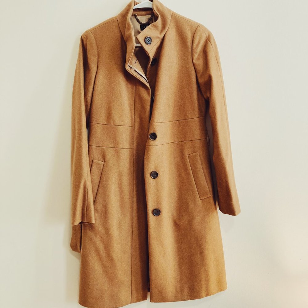 J. Crew Factory Wool Coat - Camel Color - Belted, Button Up, High Neck - Size 2